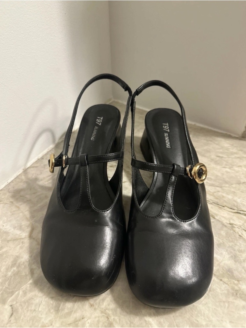Black Slingback Mary Jane Pumps with Gold Buckle